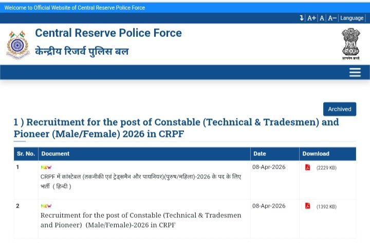 CRPF Tradesman Recruitment 2026: 9,195 पदों पर बंपर भर्ती OUT! 10वीं पास करें Apply, जानें Eligibility, Salary और Selection Process 1 Official Website rect.crpf.gov.in